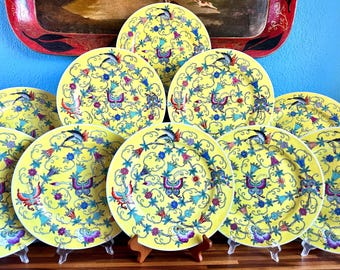 Ten (10) Famille Jaune Dinner Plates, 10 1/16", Butterflies Flower Moths, Famille Rose Polychrome Yellow Background, Hand Decorated, China