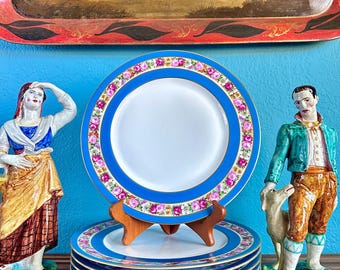 Nine (9) Heinrich and Co. (H&Co) Porcelain Dinner Plates, Blue Banded Rim with Flowers, Pink Roses, Gold Bands, Selb Bavaria, Vintage 1950’s