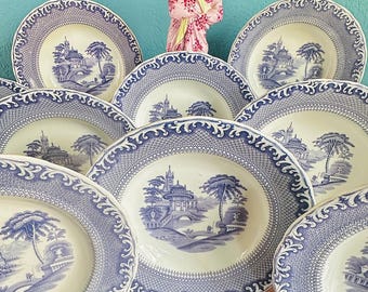Set of Ten (10) Antique Rorstrand Sweden, Blue & White Transfer Ware Botanical Garden Scene, Wide Rim Bowls Stew Plates, Earthenware 1880's