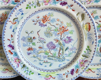 12 Davenport 1805-1820's  "Stork" Stone China Dinner Plates, Transfer w/ Hand Enamel Overglaze, Ironstone, Longport Staffordshire Georgian
