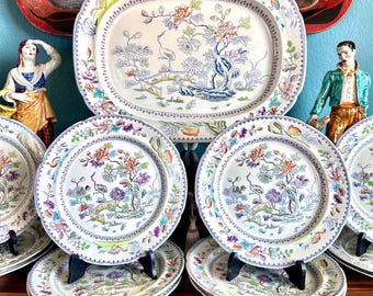 XL 18" Davenport 1820's  "Stork" Stone China Meat Platter Serving Tray, Transfer Hand Enamel, Pattern 24/27, Longport Staffordshire Georgian