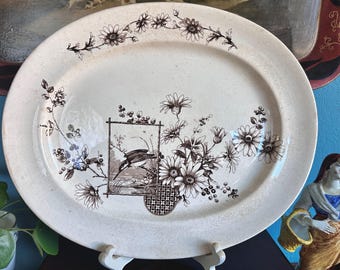 Antique 18" Cumberlidge and Humphreys (C & H) Oval Platter Tray, Kingfisher, Brown Transfer, 1890's, Aesthetic Movement, Tunstall, England