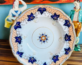 1800’s W. Adams & Sons, Antique Stew Soup Bowl Plate, Stoke on Trent, England, Flow Blue Grape Leaf, Gold Gilt, Transferware, Ironstone