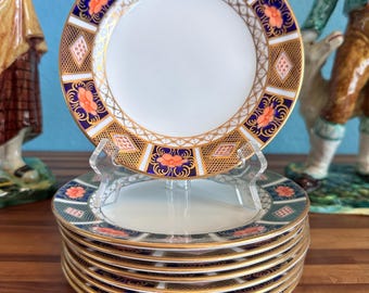 9 Royal Crown Derby "Old Imari Border" Bread & Butter Side Plates, 6 1/8", No. 8450, Antique 1926, 22K Gold, Cobalt Blue, Salmon, England