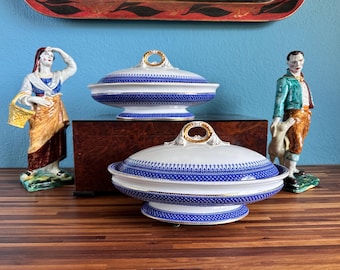 Two (2) Antique Royal Worcester Vitreous, Footed Oval Divided Serving Dishes w/Lids, 1 Quart, Flo Blue Transfer on White, 11 7/8” England
