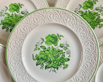Six (6) Copeland Spode 9 1/4" Luncheon Breakfast Plates, Signed "A. Ball", Green Flowers, #8923, Art Deco Relief, 1920, Creamware, England