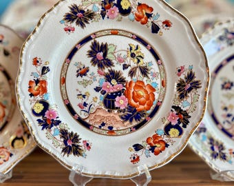 Rare SET 10 Mason&#39;s &quot;Mandarin&quot; Real Ironstone  9 1/8&quot;Dinner Luncheon Plates, Polychrome, Ribbon-Like Ruffled Rim w/ Gold, England, C1920’s
