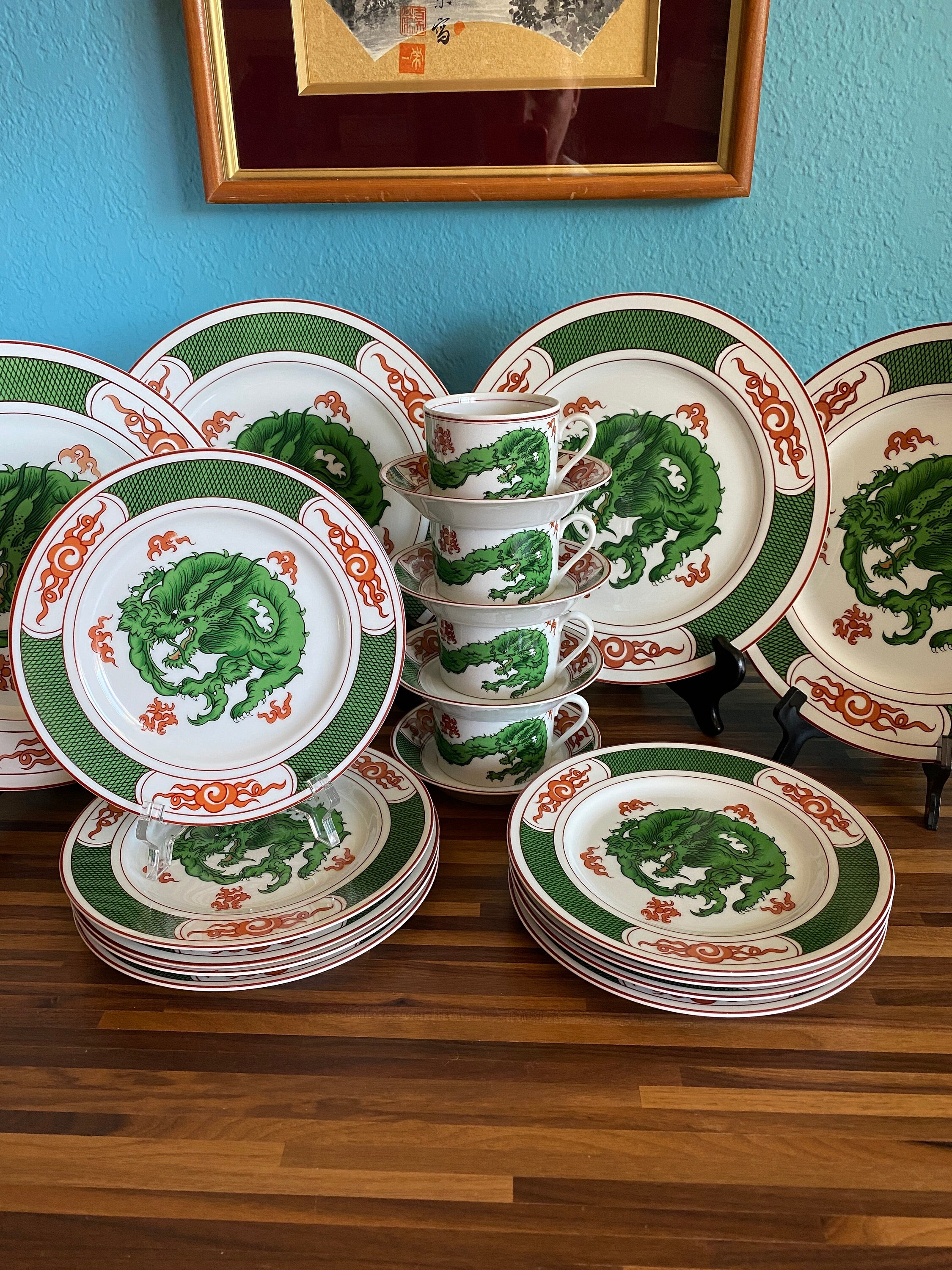 HOLD for BEATRICE Fitz and Floyd Dragon Crest Green, 4 Dinner, 4 Salad, 8  pieces, 1975 Japan, Mid-Century MCM