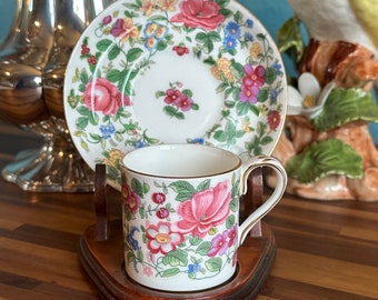 1940's Crown Staffordshire Demitasse Espresso Tea Cup and Saucer, Hand Decorated, Pink Blue Yellow Flowers, #1117, Fine Bone China, England