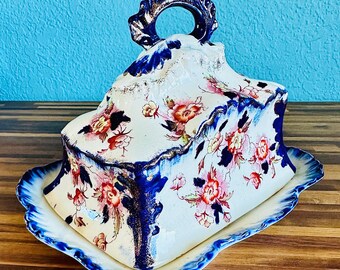 Large Antique 2-Piece Covered Butter Dish Cheese Dome, Ironstone, Hand-Decorated, Cobalt Blue Pinks Gold, England, 3 Dots, 626A, Victorian