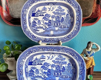 Pair (2) Matching 16” Rectangular Meat Platters Trays, Blue Willow Transfer Ware, Flow Blue, Chinoiserie, Ridgway, 19th C, Antique, England