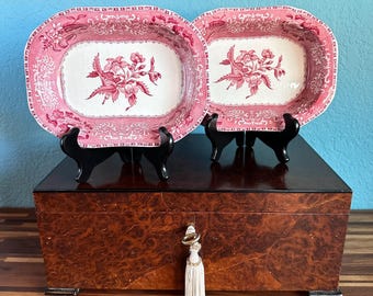 Two (2) Spode's “Camilla” Copeland Red/Pink 9 1/8” Sm Rectangular Serving Bowls, Florals Tea Plant, Transfer Ware, Earthenware, 1927 England
