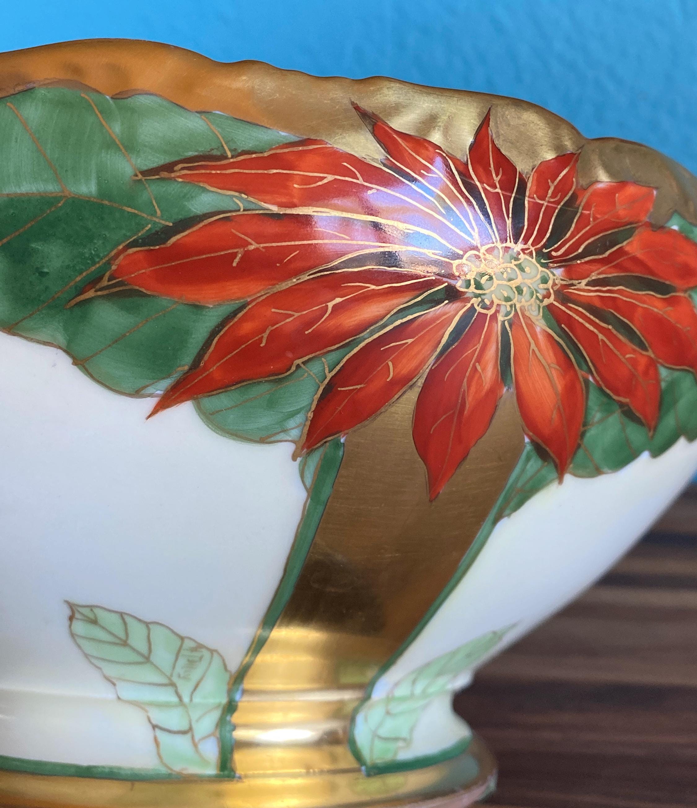 Rare Antique W.A. Pickard Large Poinsettia Serving Salad Fruit Bowl, Signed H. Tolley, 22K Gold, T&V Limoges France, Tressemann and Vogt