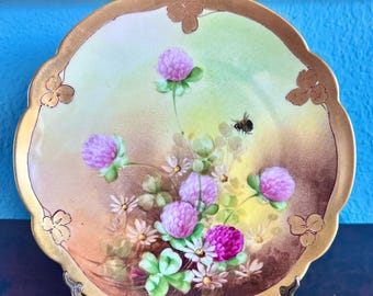 Pickard "Clover Blossoms & Honey Bee" 8 1/2" Plate, Artist Signed H. Reury, 1903-1912, Pink Green Yellow w/ 24K Gold, Chicago, USA