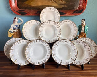 Ten (10) Royal Crown Derby “Vine Gold” Pattern A775K, Rimmed 6 oz Soup Pasta Bowl, White w/ Gold, 8 5/8”, England, Plummer Ltd NYC, c1950