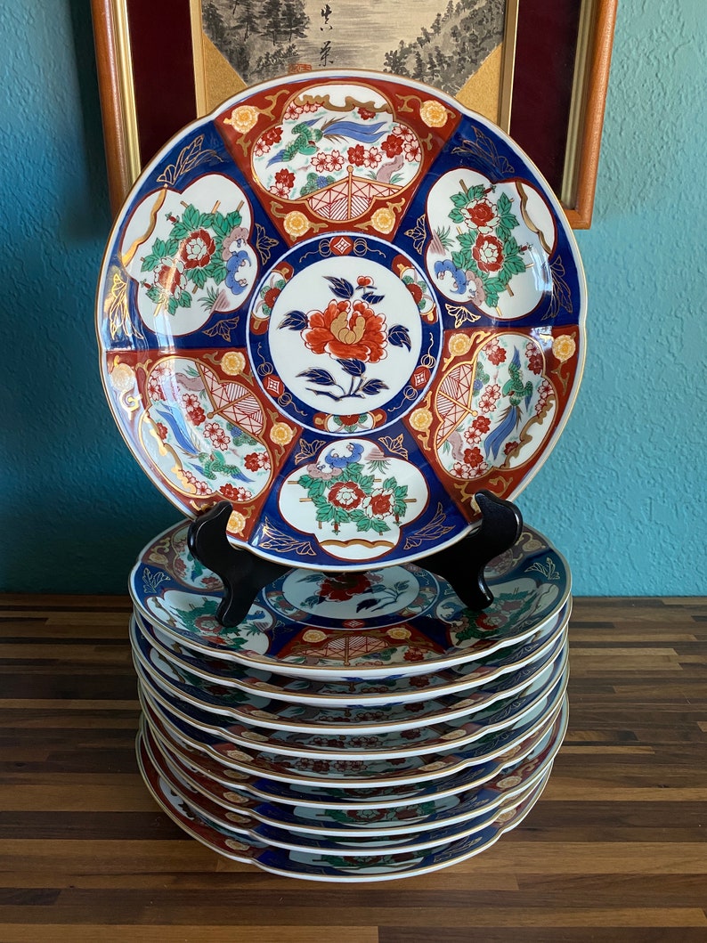 Rare Set of 10 Gold Imari, Raised Edge Dinner Plates, Service Plates