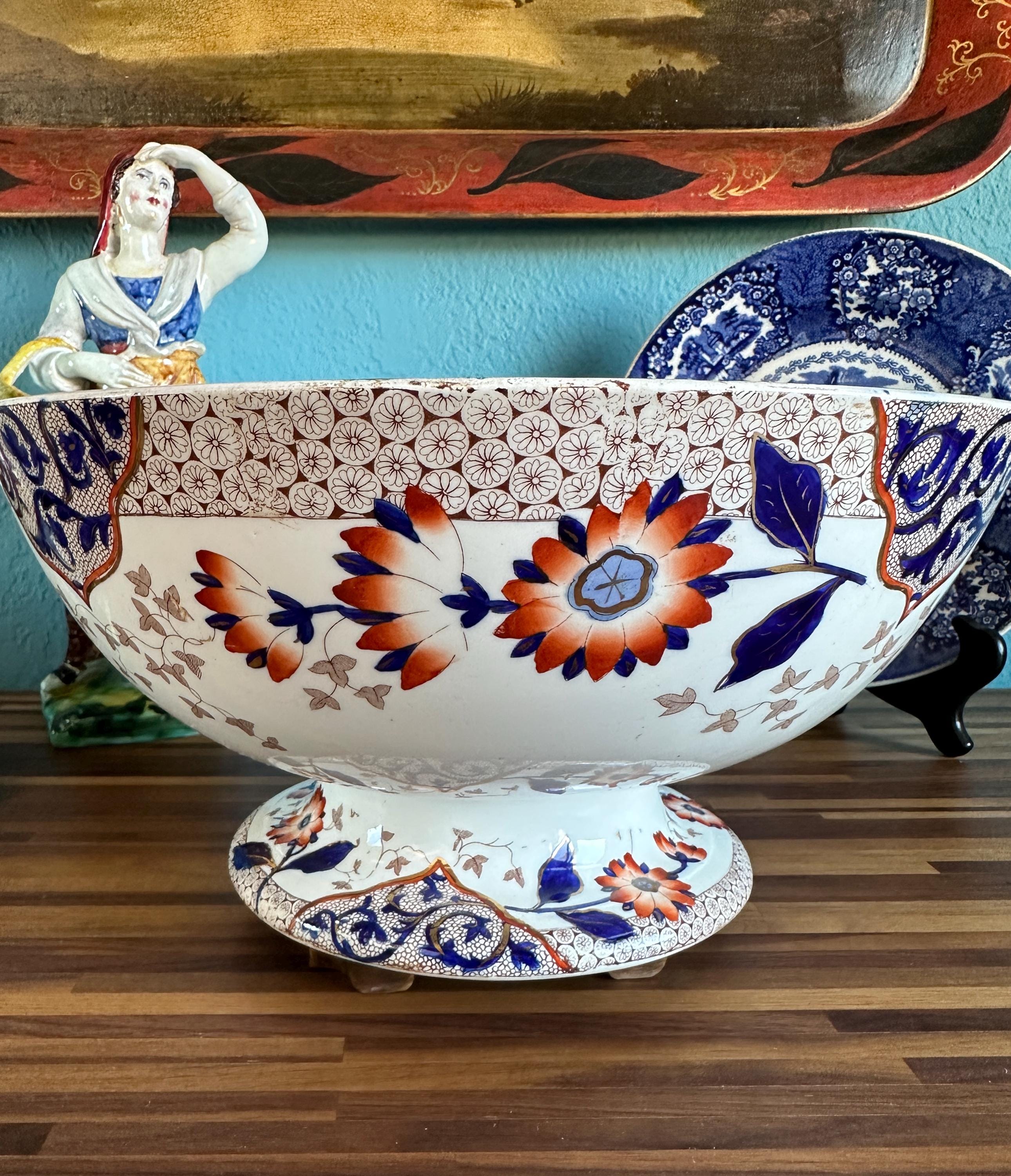 Ridgways "Alga" Antique Rare Footed Centerpiece Fruit Punch Bowl, Brown Transfer ware w/ Hand-Painted Flowers, Cobalt Blue Rust Gold,England