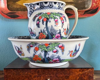 Antique Keeling & Co, “Exotic” Pattern, Washstand Set, Wash Basin Jug, Art Deco, Enameled Transfer, Peacocks, Losol Ware, Burslem England