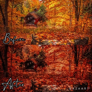 Op de afbeelding: Een rode houten overdekte brug in een bos met herfstbladeren. De bladeren zijn voornamelijk oranje en rood. De brug bevindt zich in het midden van de afbeelding en het bos bevindt zich aan beide kanten. De afbeelding is in twee&euml;n gedeeld, waarbij de bovenste helft is gelabeld met "Voor" en de onderste helft met "Na".