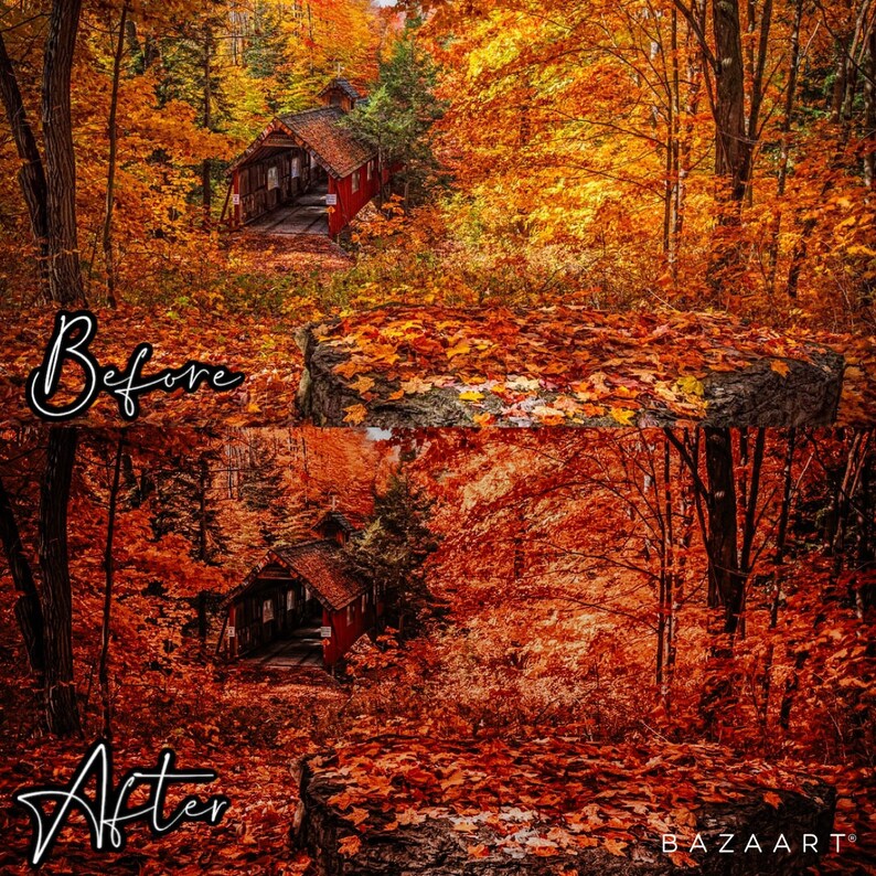 Op de afbeelding: Een rode houten overdekte brug in een bos met herfstbladeren. De bladeren zijn voornamelijk oranje en rood. De brug bevindt zich in het midden van de afbeelding en het bos bevindt zich aan beide kanten. De afbeelding is in twee&euml;n gedeeld, waarbij de bovenste helft is gelabeld met "Voor" en de onderste helft met "Na".
