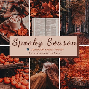 Op de afbeelding: Een digitaal mobiel Lightroom-preset genaamd "Spooky Season" van @clementineskyes. De beeldcollage bevat herfstthema's, waaronder een kopje warme chocolademelk, een boek, pompoenen, een vrouw met rood haar en een pad door een bos.
