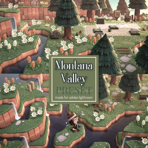 Op de afbeelding: Een digitale illustratie van een videogamelandschap met een rivier, watervallen, bomen, bloemen en rotsen. De tekst "Montana Valley PRESET made for adobe lightroom" wordt weergegeven op een groene rechthoek.