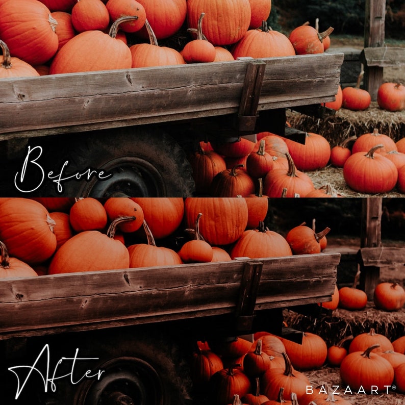 Op de afbeelding: Een houten wagen vol met fel oranje pompoenen. De wagen staat op een bed van hooi. Het woord "Voor" is in wit schrift bovenaan de afbeelding geschreven. Het woord "Na" is in wit schrift onderaan de afbeelding geschreven. De woorden "BAZAART" zijn in wit schrift rechtsonder in de afbeelding geschreven.