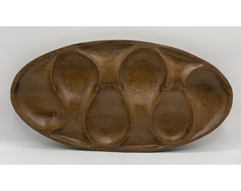 Vintage MCM Teak Wood Carved 6 Pocket Tray Serving Dish Thailand Large 18”x9.25”