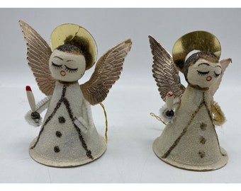 Vintage Paper Angel Decorations Ornaments 2.5” Tall Glitter Bodies Shiny Wings