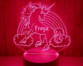 Personalised 3D Led Unicorn Remote Control Colour Changing Light Illusion Lamp Laser Engraved white or black base