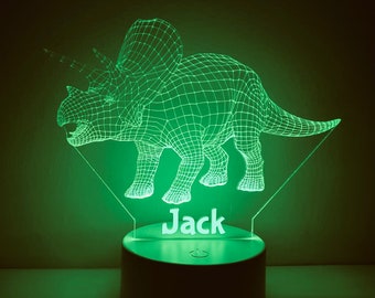 Personalised Triceratops Dinosaur LED night light | Remote Controlled Lamp | Colour Changing | Laser Engraved | White or Black Base