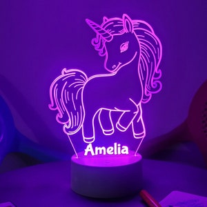 Personalised Unicorn LED night light | Remote Controlled Lamp | Colour Changing | Laser Engraved | White or Black Base