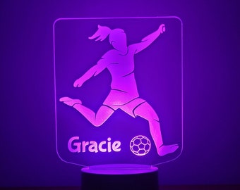 Personalised LED football Girl footballer night light Illusion Lamp Remote Controlled | Multicolour | Choice of Black or White base Girls