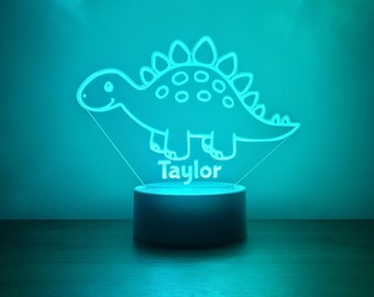 Personalised Dinosaur LED night light | Remote Controlled Lamp | Night Light Laser Engraved | White or Black Base