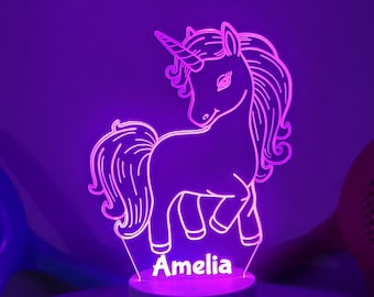 Personalised Unicorn LED night light | Remote Controlled Lamp | Colour Changing | Laser Engraved | White or Black Base