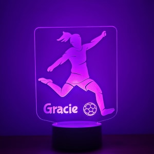 Personalised LED football Girl footballer night light Illusion Lamp Remote Controlled | Multicolour | Choice of Black or White base Girls