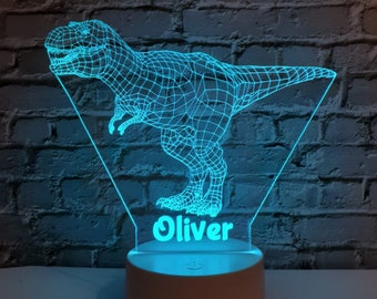 Personalised Dinosaur LED night light | Remote Controlled Lamp | T-Rex trex |  | Multicolour | Laser Engraved | White or Black Base