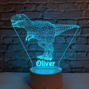 Personalised Dinosaur LED night light | Remote Controlled Lamp | T-Rex trex |  | Multicolour | Laser Engraved | White or Black Base