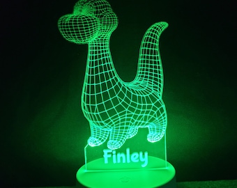 Personalised Dinosaur LED night light | Remote Controlled Lamp | Night Light |  | Multicolour | Laser Engraved | White or Black Base