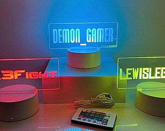 Personalised LED Gaming Name Tag | Remote Control Night Light | video gaming sign | Choose Font Any Name or Gamer Tag | Black or White base