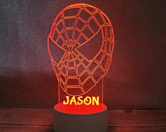 Personalised LED Spiderman Face night light | Remote Controlled Lamp |  | Multicolour  | Laser Engraved | White or Black Base