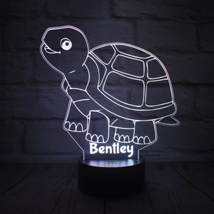 May include: A white 3D printed night light shaped like a turtle with the name "Bentley" underneath. The night light is on a black base and is illuminated.