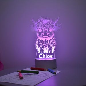 Personalised LED Highland Cow night light | Remote Controlled Lamp | Cute Cow Light | Calf | Farm Animal | White or Black Base