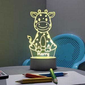 Personalised LED Giraffe Night light | Remote Controlled Lamp | 16 Colours | Laser Engraved | White or Black Base