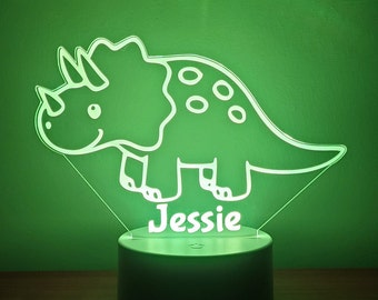 Personalised Dinosaur LED night light | Remote Controlled Lamp | Night Light Laser Engraved Triceratops White or Black Base