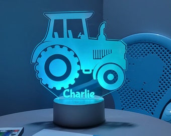 Personalised LED Tractor night light | Remote Controlled Lamp | Children’s  Light | Multicolour  | Laser Engraved | White or Black Base