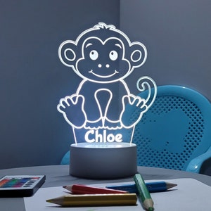 Personalised LED Monkey night light | Remote Controlled Lamp | Cheeky Monkey Light | 16 Colours | Laser Engraved | White or Black Base