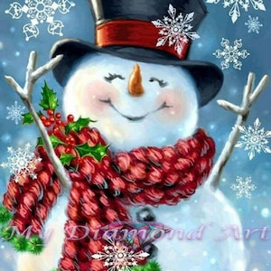May include: A cheerful snowman wearing a red scarf and a black top hat with a red band. The snowman is surrounded by white snowflakes on a blue background.