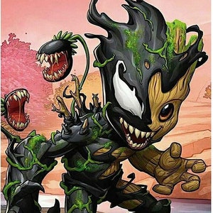 May include: A cartoon illustration of a black and green creature with a large mouth and sharp teeth. The creature is a combination of Venom and Groot, with the body of Groot and the head of Venom. The creature is standing on a rocky surface with a blue body of water in the background.