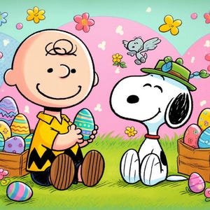 May include: A vibrant Easter illustration with Charlie Brown and Snoopy. Charlie Brown, in a yellow top, holds a decorated egg. Snoopy, wearing a green hat, sits beside him. The background is adorned with Easter eggs and flowers, creating a cheerful scene.